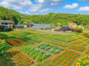 山間に広がるアイン村の畑と里山の風景（自給自足・避難拠点）